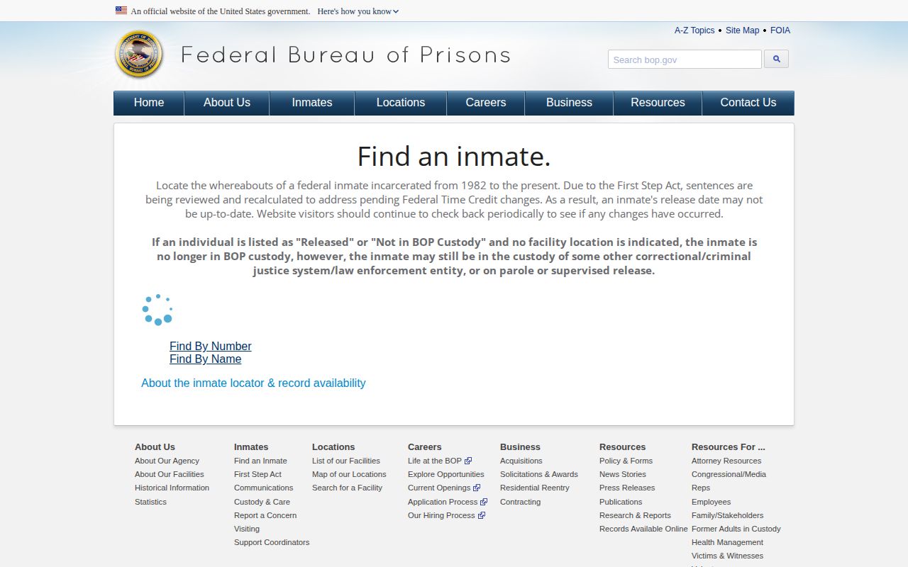 BOP federal released inmate result fields for a Waller County custody inquiry