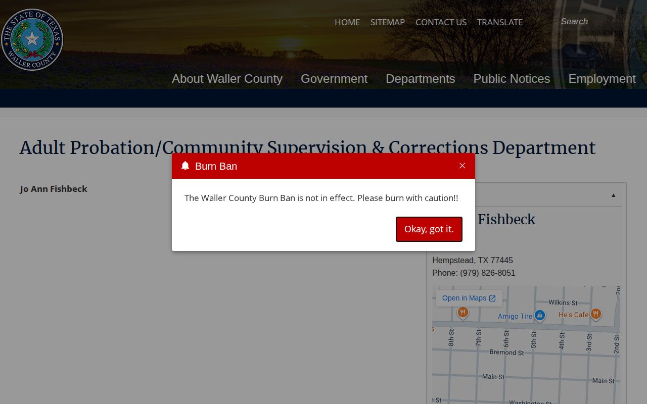 Waller County Adult Probation official contact page